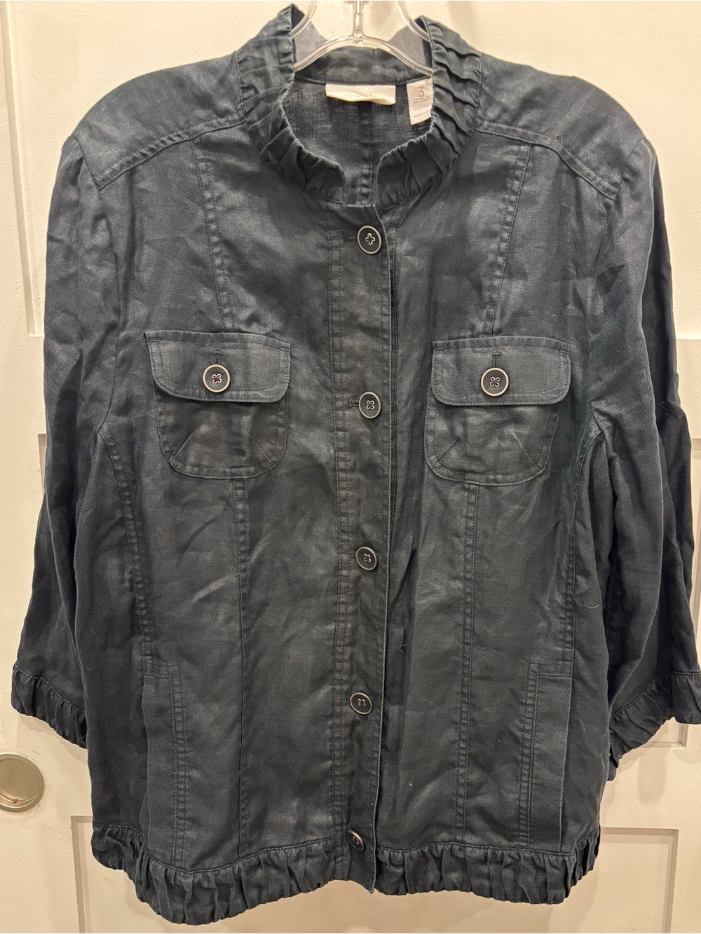 Chico's Black 100% Linen Ruffle-Trim Utility Jacket